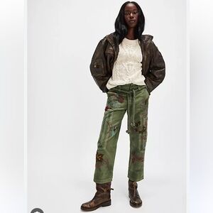 NWT FREE PEOPLE We The Free Green Electric Sands Embroidered Pants SZ: 14